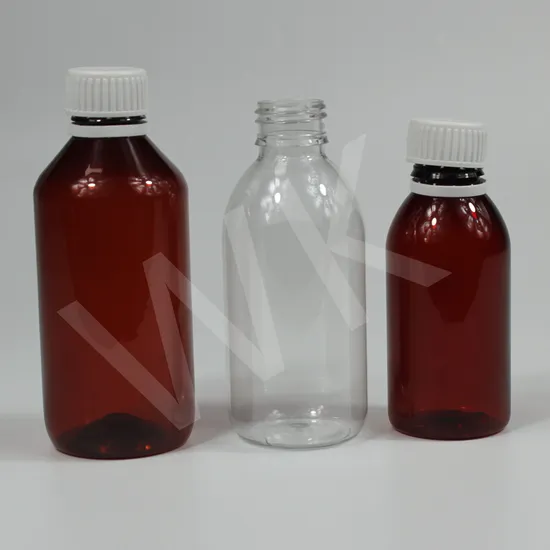 Botella de medicina líquida ovalada de plástico con tapa a prueba de manipulaciones, botella de jarabe para la tos